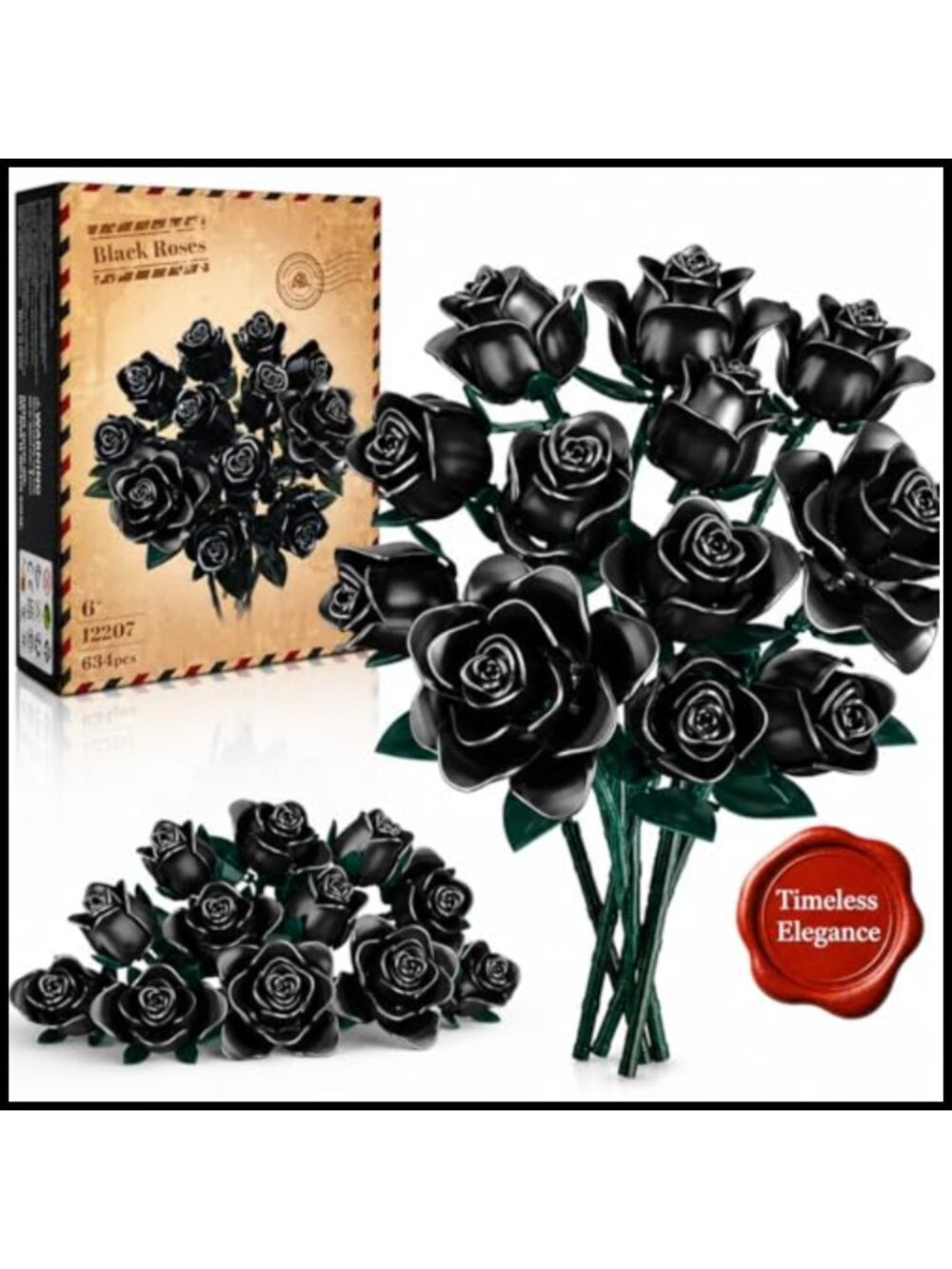 634Pc Black Rose Building Set 3 Bloom Stages DIY Floral Decor Gift